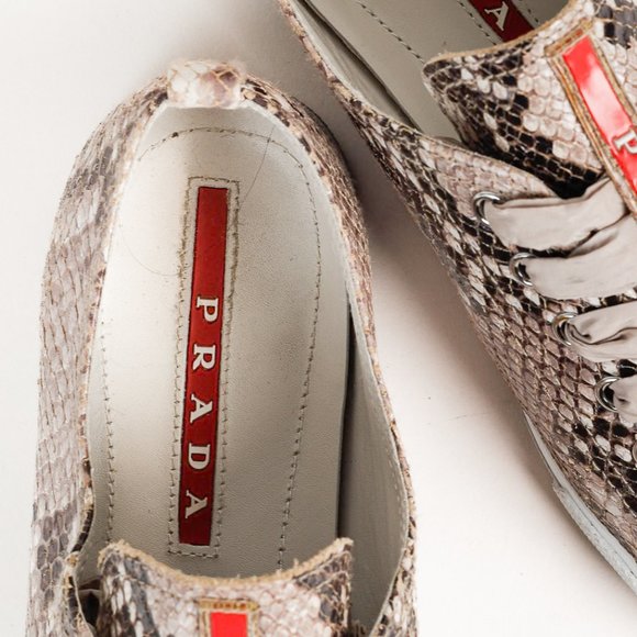 Prada Red Label Taupe Snake Print Satin Ribbon Tied Sneakers, Size 7.5 - Picture 10 of 11
